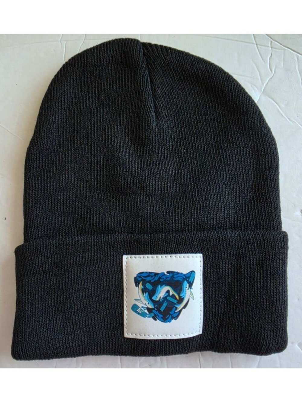 Black Knit Beanie Hat Shark Patch Cuffed Winter Cap Unisex One Size NWT